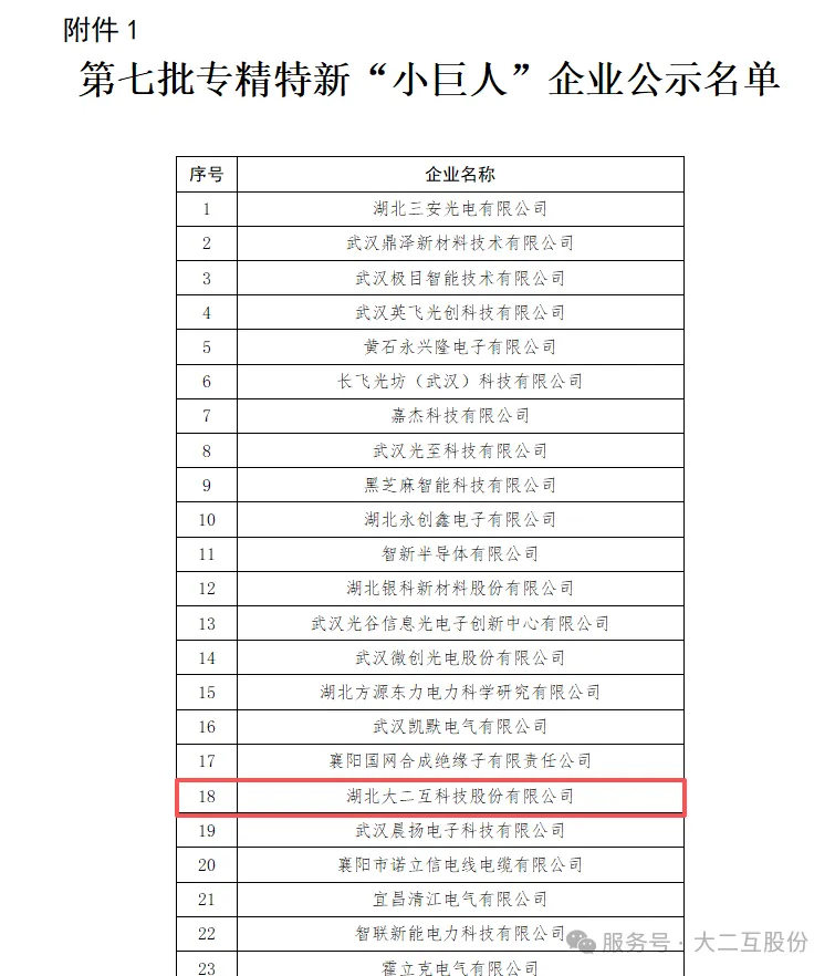喜报|湖北大二互科技股份有限公司荣获第七批专精特新“小巨人”企业认定